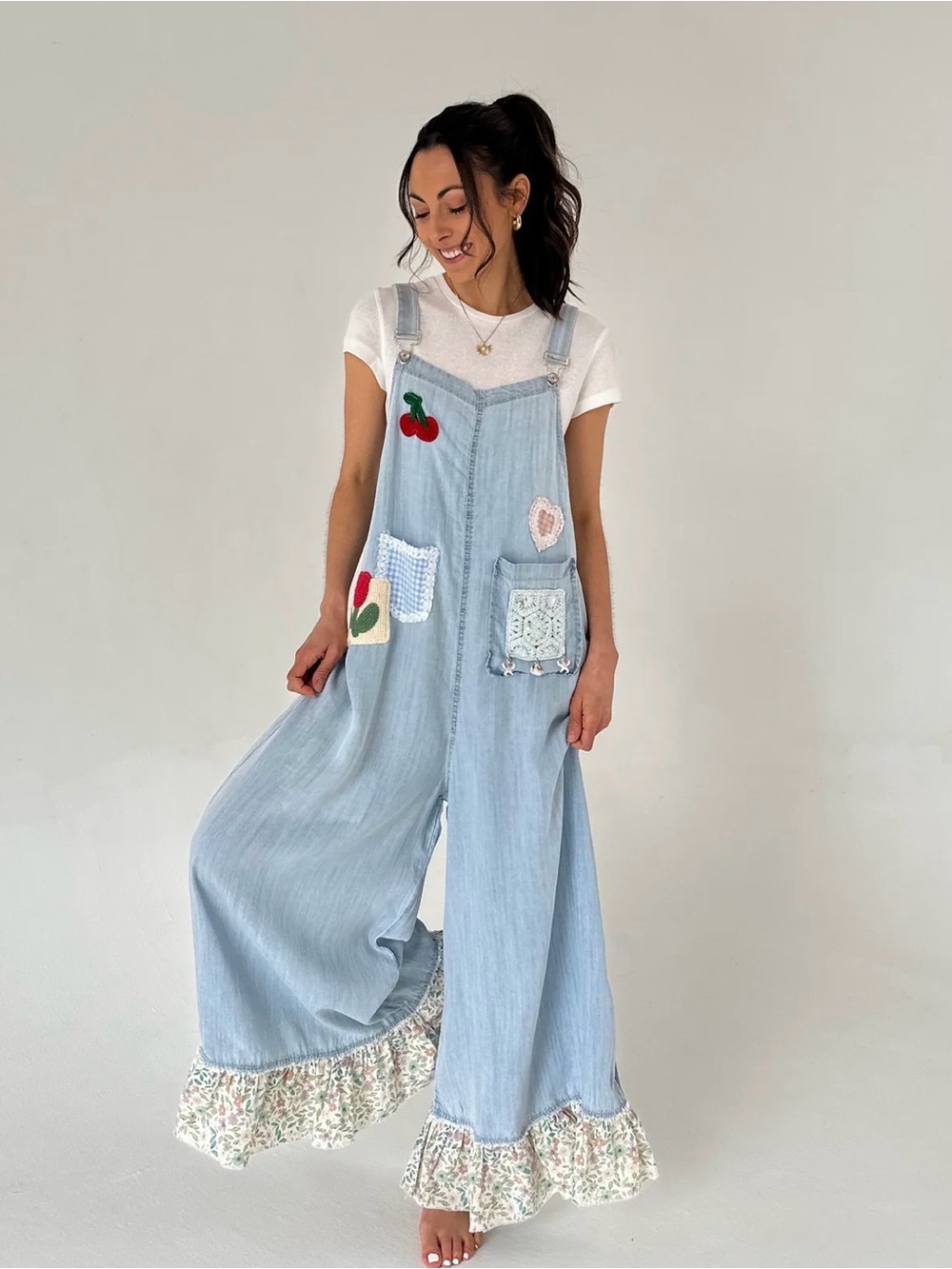 POL Light Blue Patchwork Wide-Leg Denim Overalls - Picture 10 of 13
